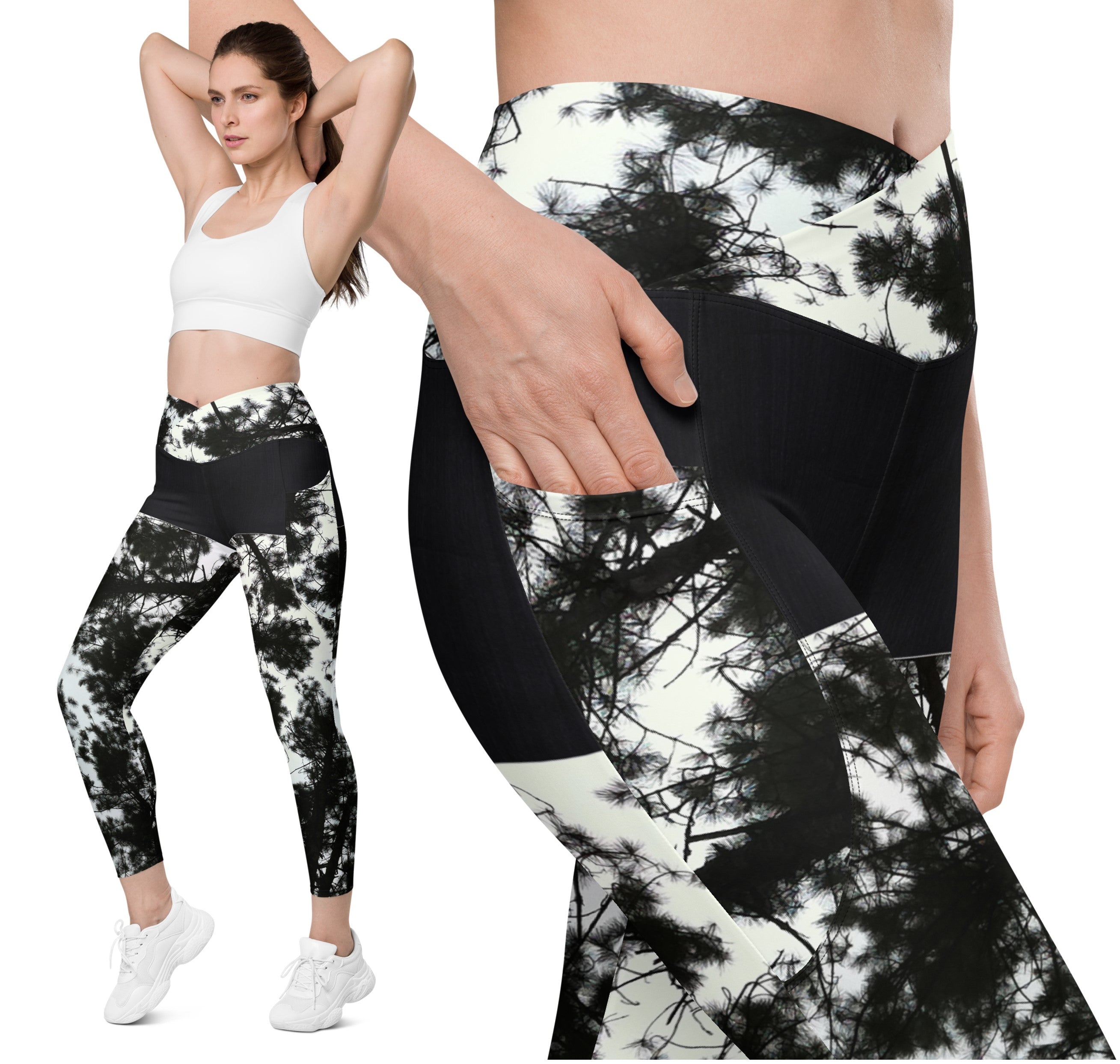 Workout or Dance Leggings with Pockets. Crossover Waist Yoga Pants- Black &  White Leggings. WickedYo.