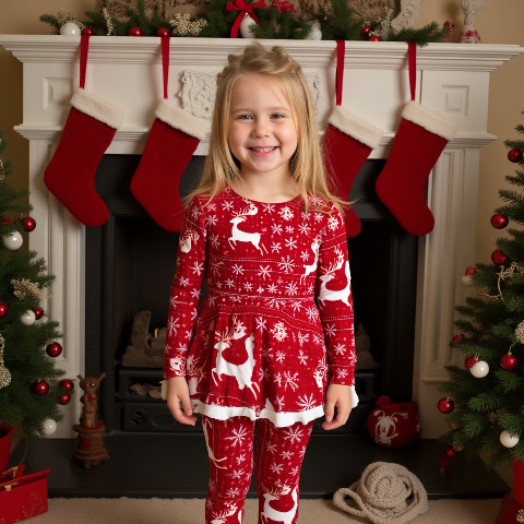 Child in red Christmas pajamas standing in front of a fireplace with stockings.