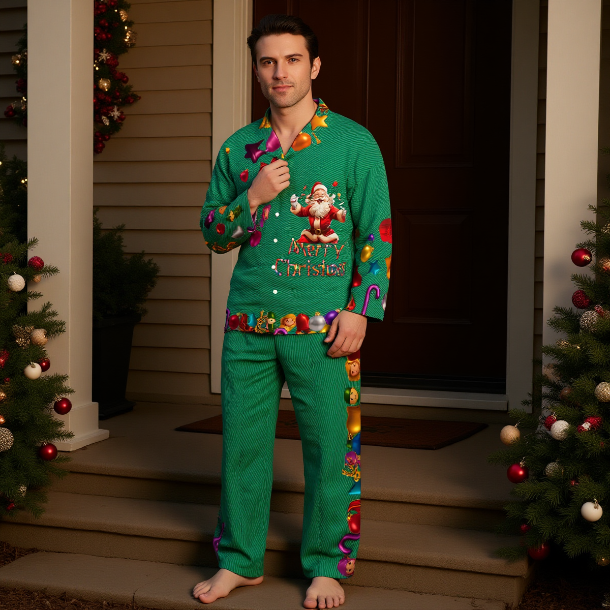Men's Christmas Pajama Set. Christmas Green & Santa "Merry Christmas" PJs. WickedYo.