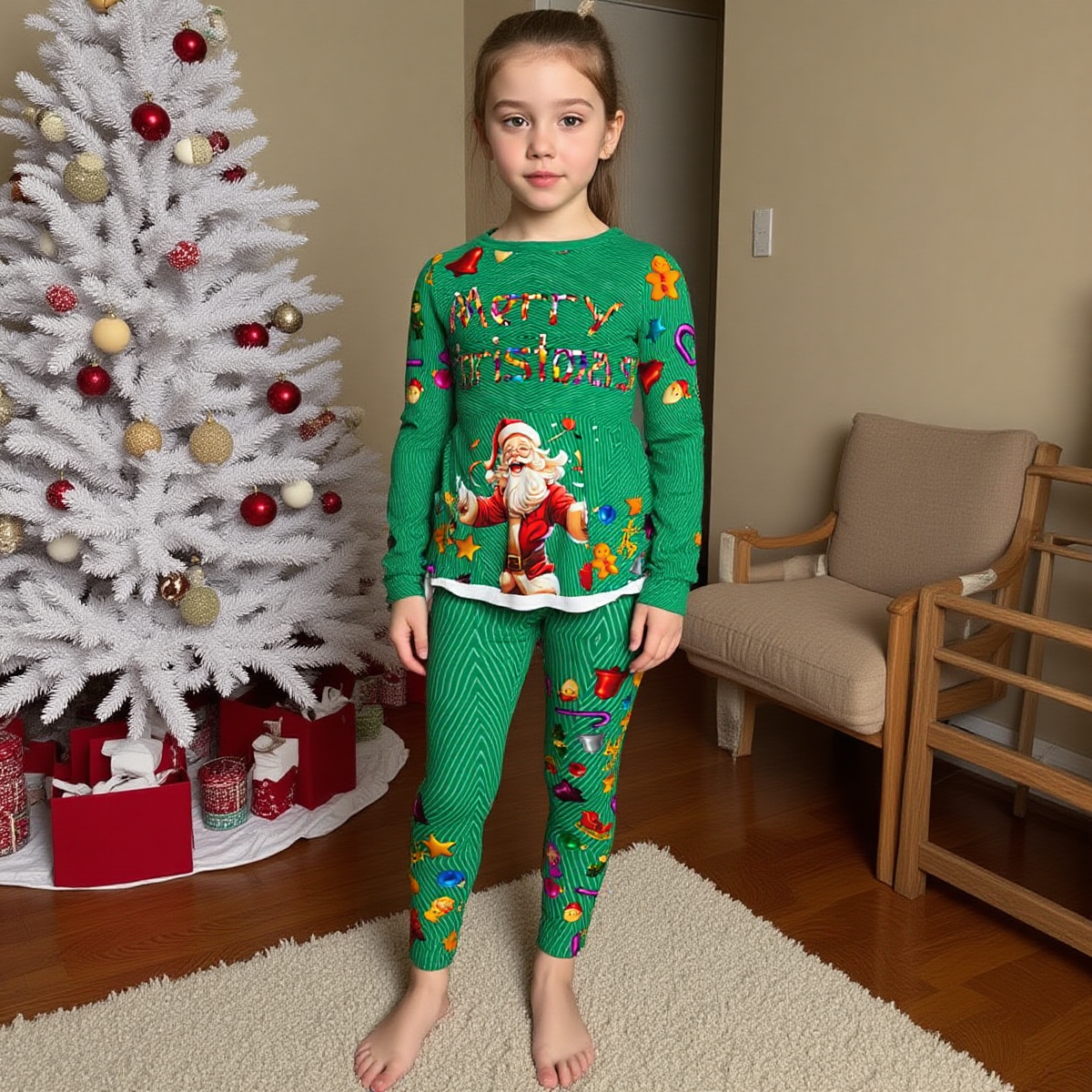 One-of-a-kind-Christmas Pajamas for girl kids. Unique Santa design in Christmas Green. WickedYo