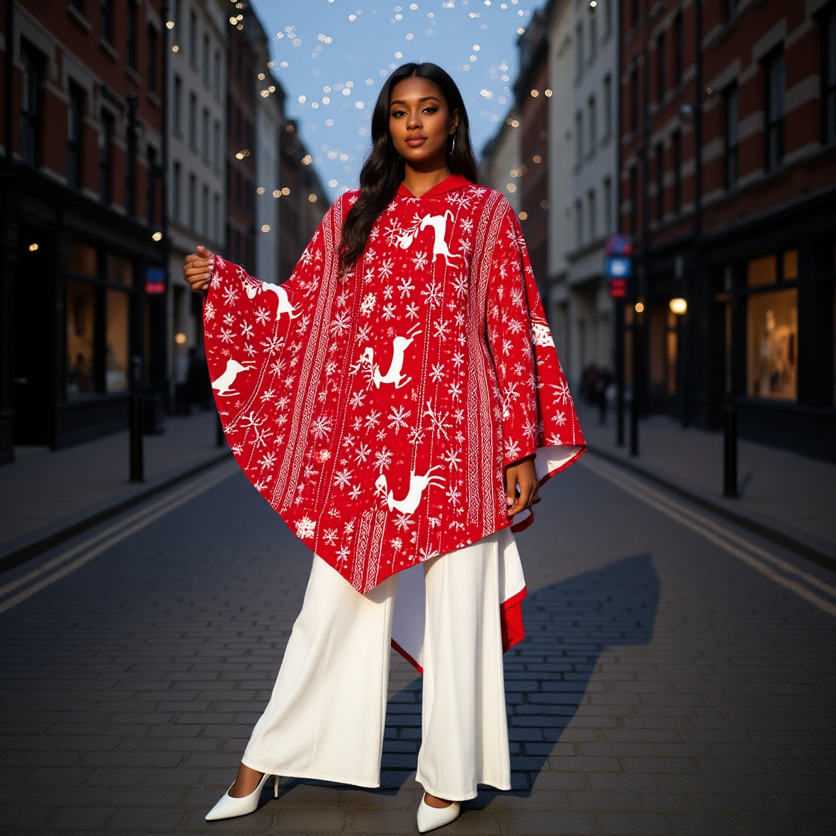 Woman wearing a red Christmas poncho from WickedYo on a city street at night.