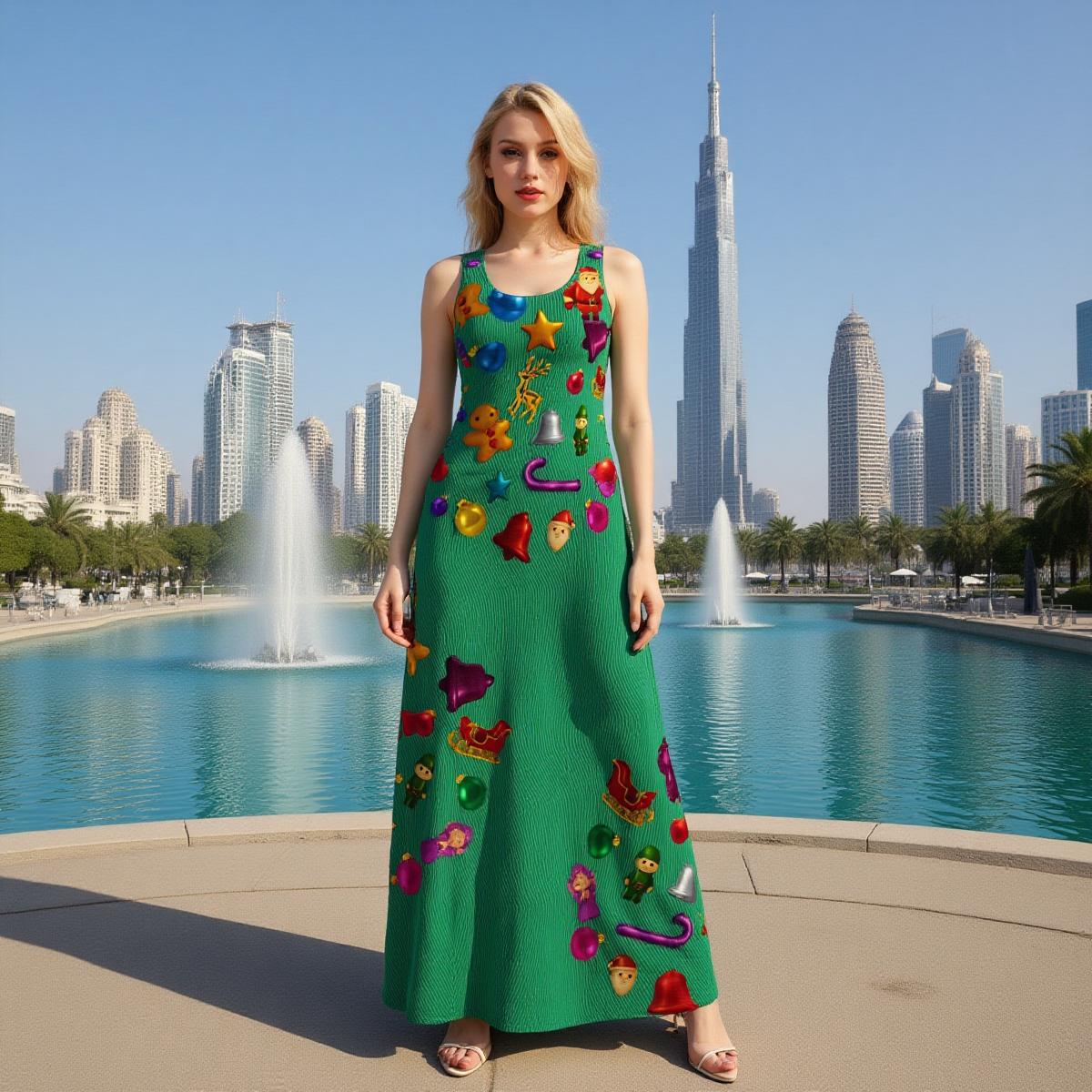 Woman in a green Christmas dress with colorful ornaments, by WickedYo standing in front of a city skyline with fountains.