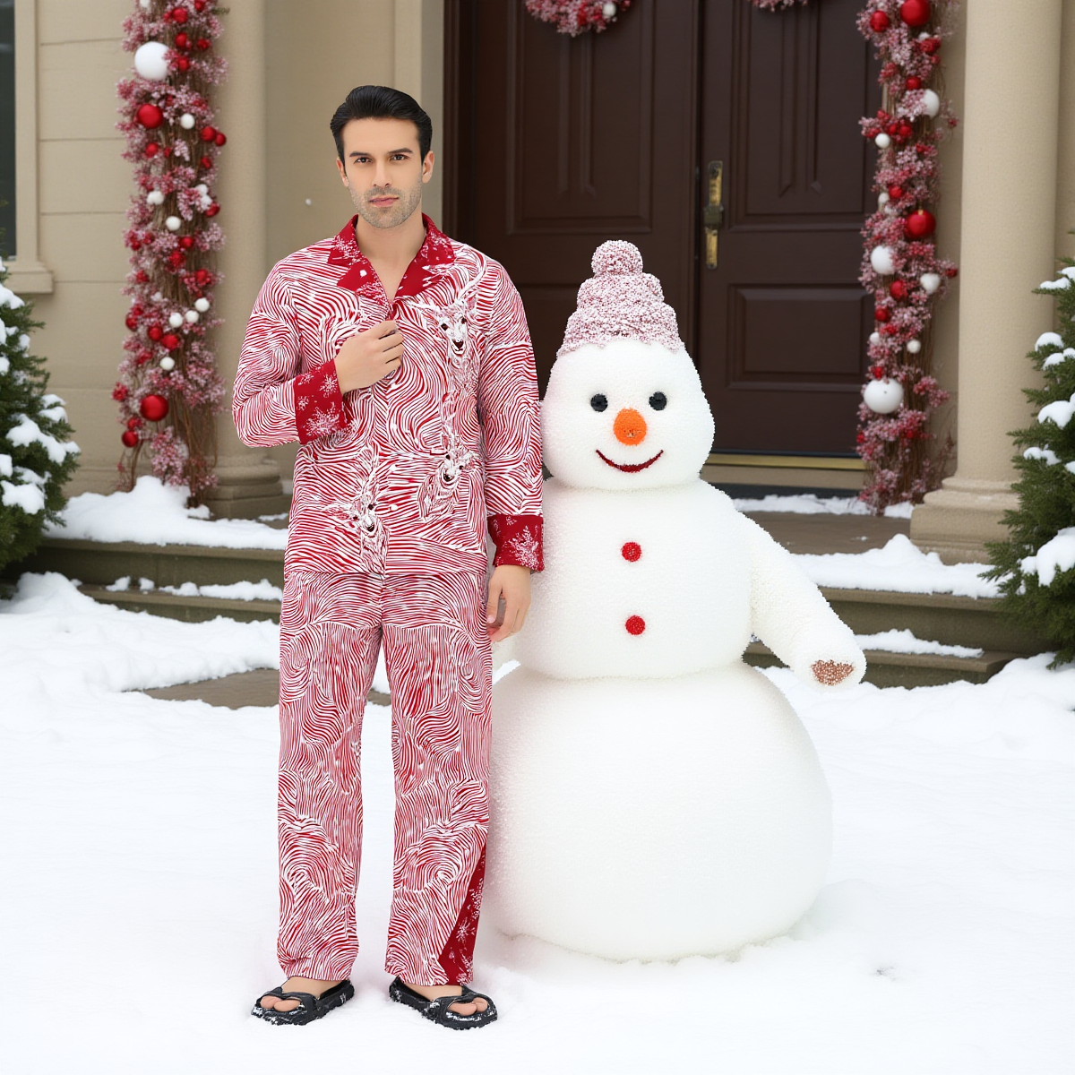 Man in WickedYo's red and white pajamas standing next to a snowman in front of a decorated door.