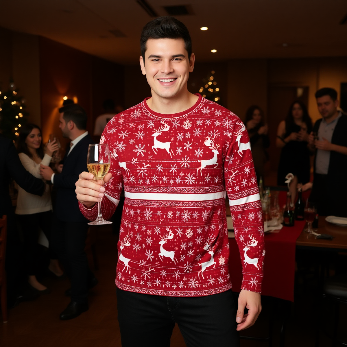 Man wearing a WickedYo red Christmas sweater with reindeer patterns, holding a glass of wine in a festive indoor setting.