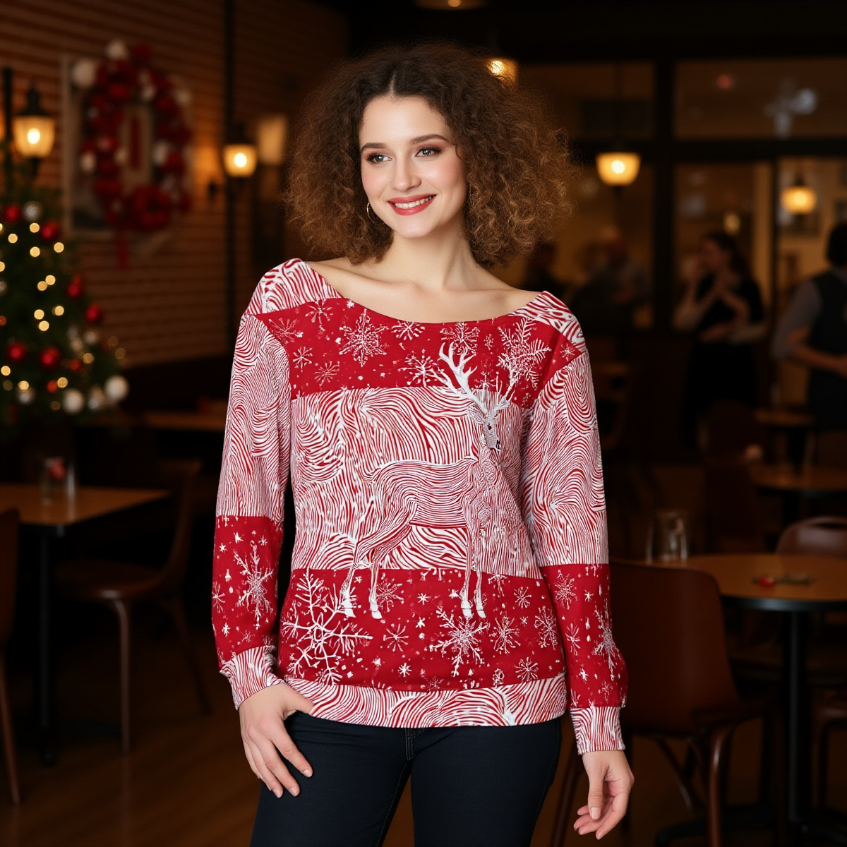 Woman wearing WickedYo's red and white rippled reindeer sweater in a festive office Holiday Party.