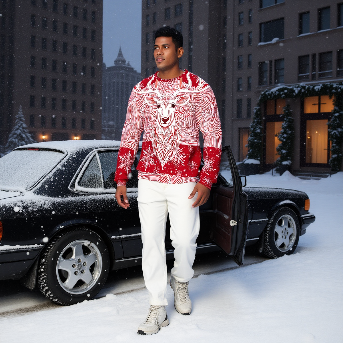 Man in  WickedYo's Christmas red and white rippled reindeer sweater standing next to a black car in a snowy cityscape.