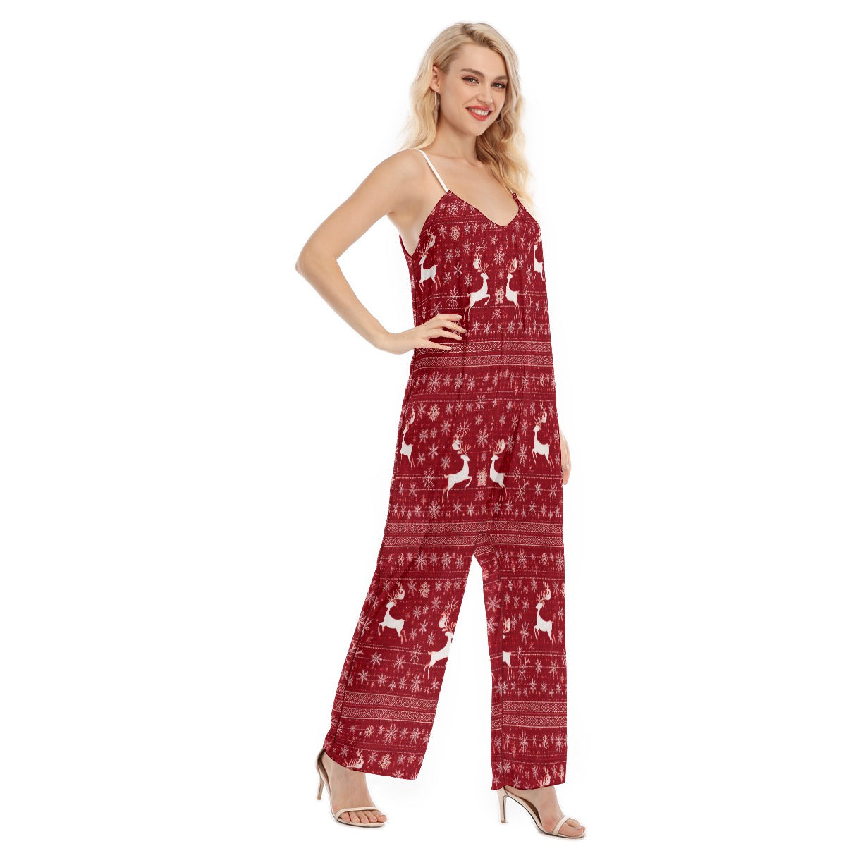 Women's Christmas Cami Jumpsuit. Red & White Christmas Pajama Alternative. From WickedYo