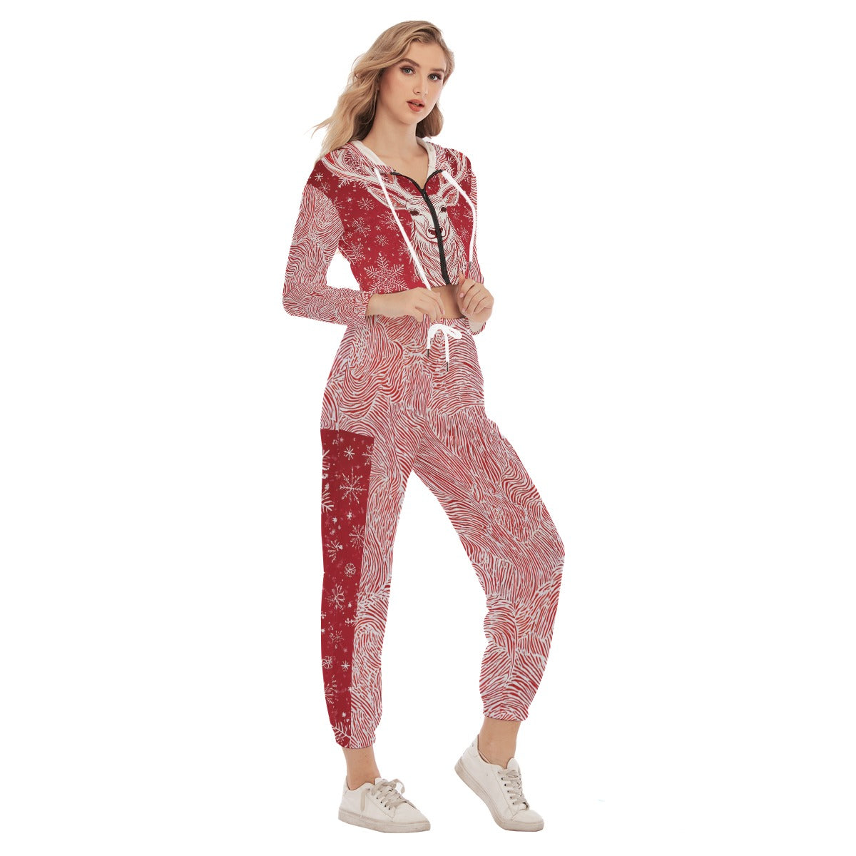 Women's Christmas Crop Hoodie & Pants Set. Red & White Matching Family Christmas Pajamas. WickedYo.