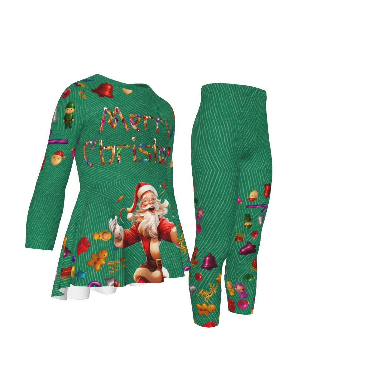 One-of-a-kind-Christmas Pajamas for girl kids. Unique Santa design Matching Family Range in Christmas Green. WickedYo