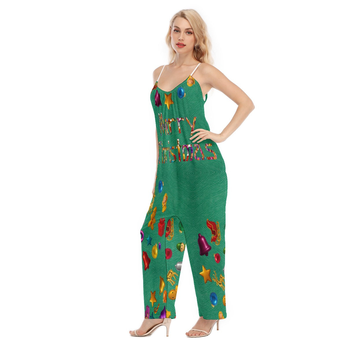 Women's Christmas Stylish Green Cami Jumpsuit. Ideal Christmas Pajamas or Sweater Option. WickedYo.
