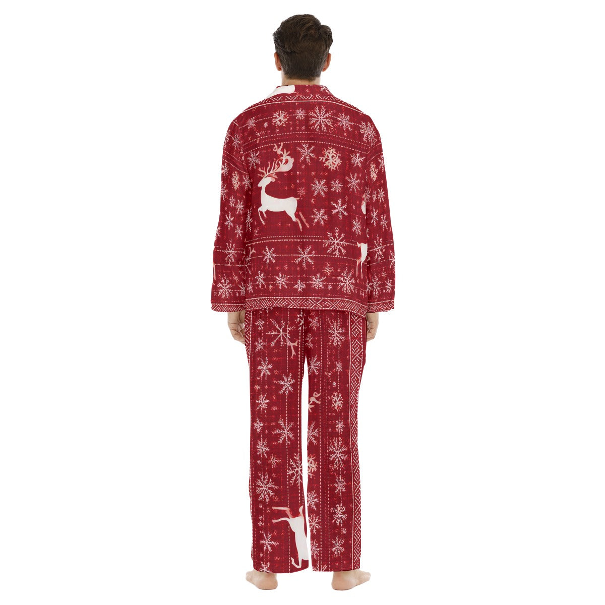 Men's Christmas Pajama Set, Red & White Snowflakes & Reindeer Family Matching Pajamas. WickedYo.