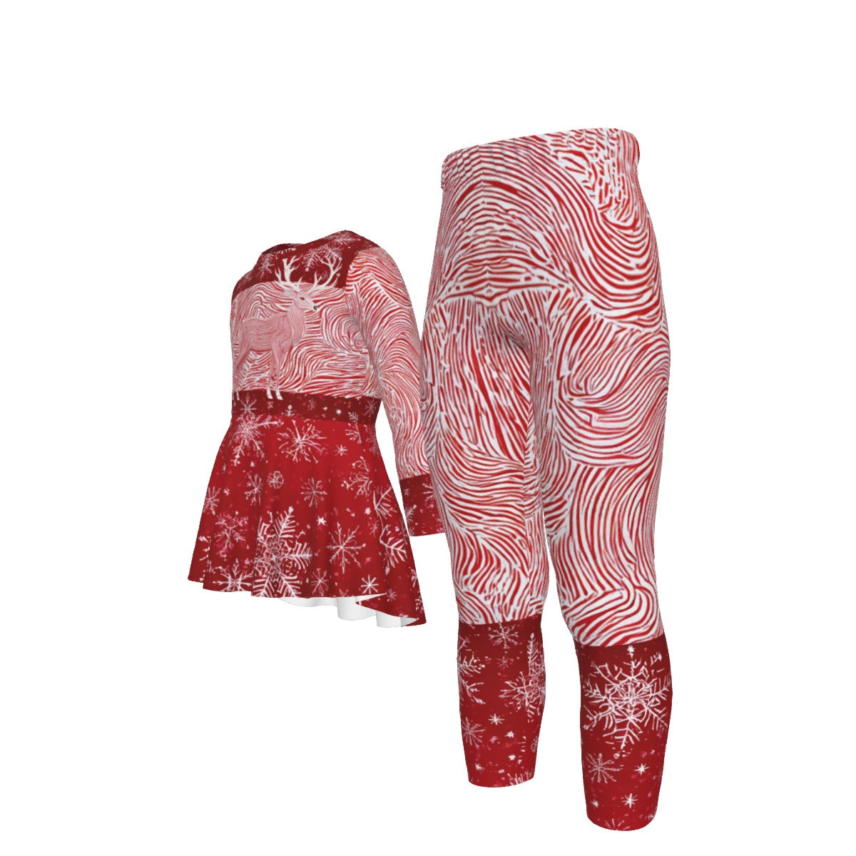Girls' Christmas Skirt Top and Pants Set. Matching Family Christmas Pajamas- Red & White Reindeer. WickedYo.