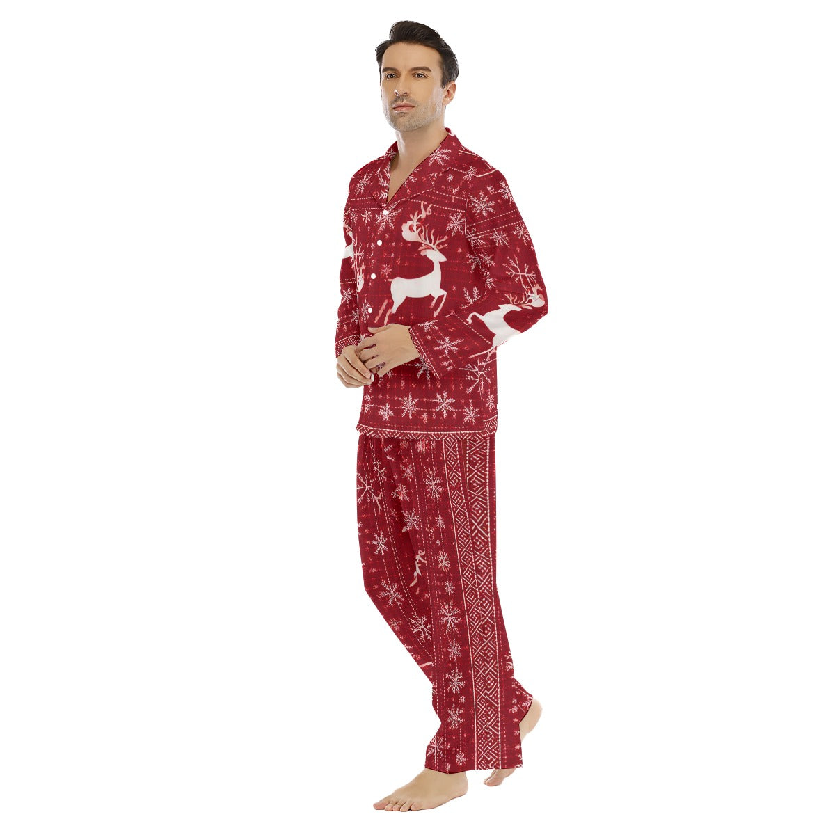 Men's Christmas Pajama Set, Red & White Snowflakes & Reindeer Family Matching Pajamas. WickedYo.