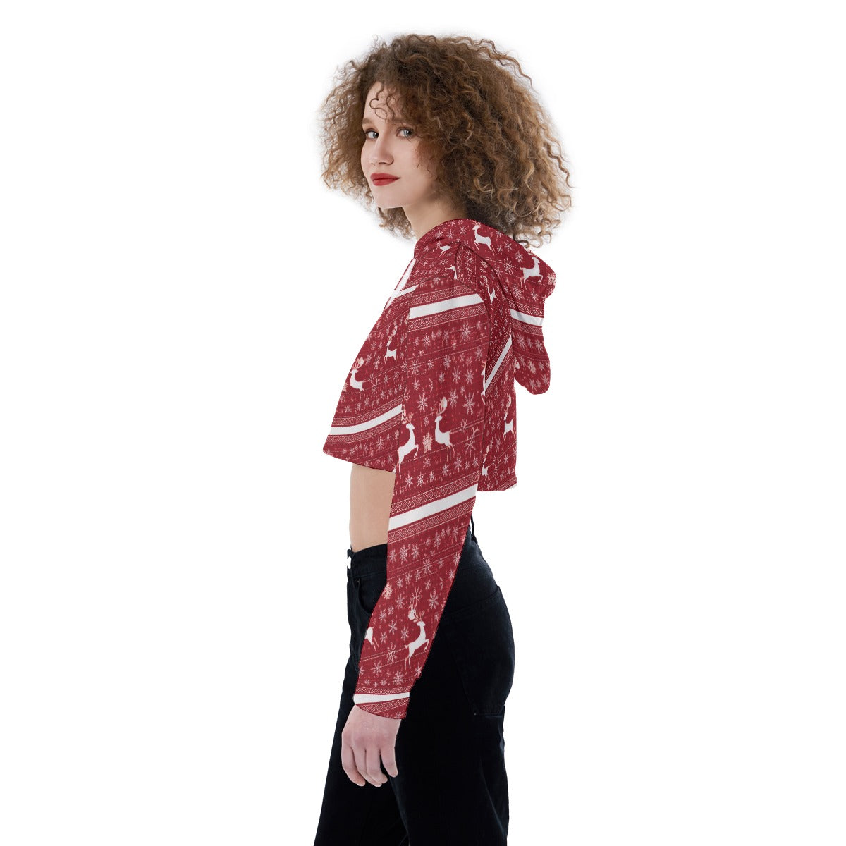 Women's Christmas Crop Top Hoodie. Red Christmas Cropped Sweater for Girls. WickedYo