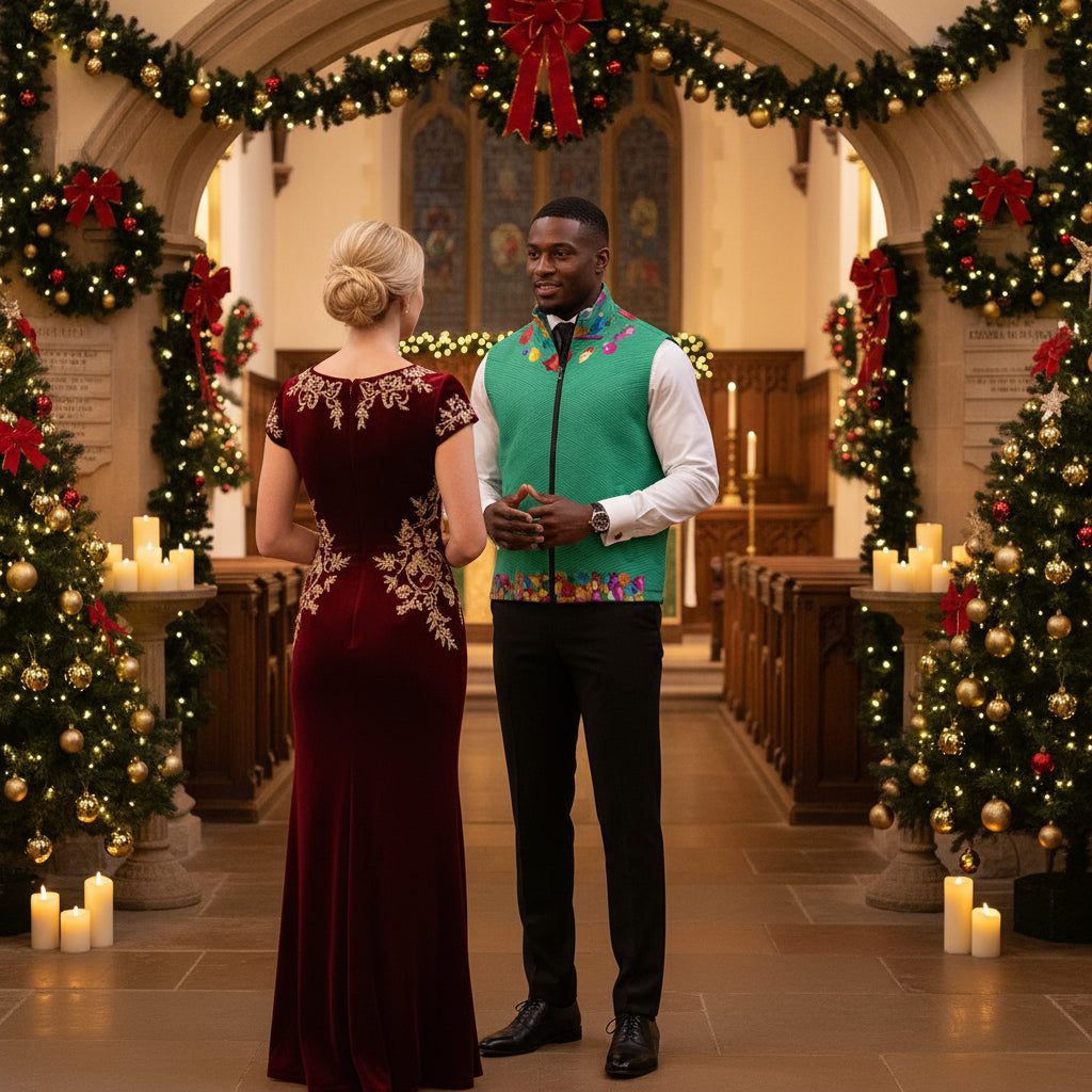 Green Christmas vest with colorful Christmas ornament designs worn by a black gentleman for Christmas mass