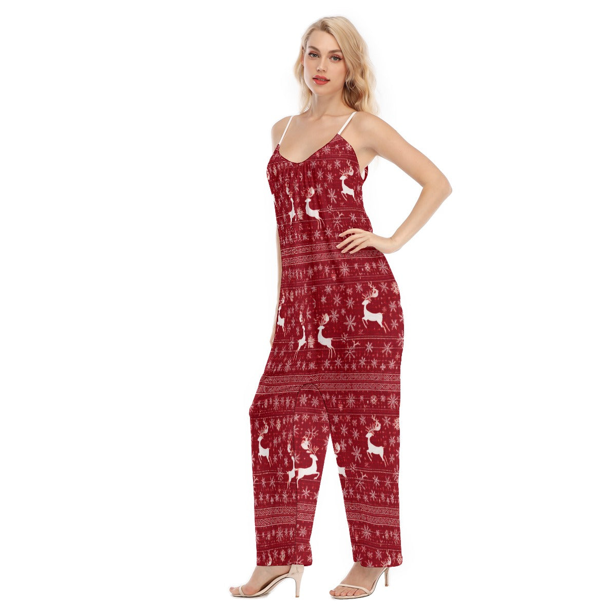 Women's Christmas Cami Jumpsuit. Red & White Christmas Pajama Alternative. From WickedYo