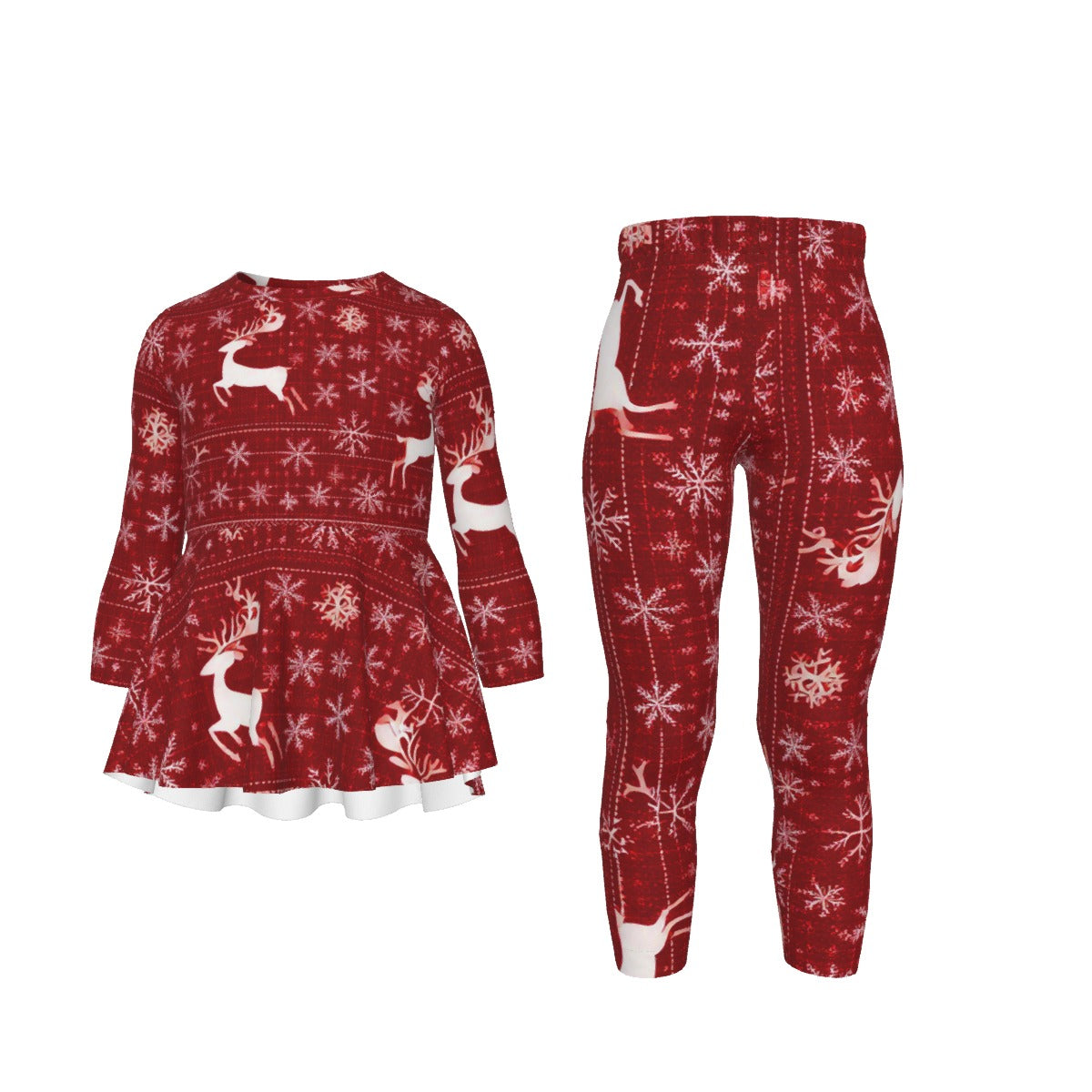 Red pajama set with reindeer and snowflake pattern on a white background