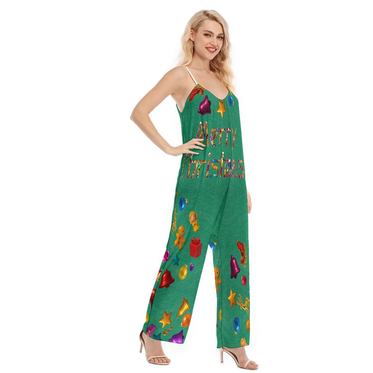 Women's Christmas Stylish Green Cami Jumpsuit. Ideal Christmas Pajamas or Sweater Option. WickedYo.