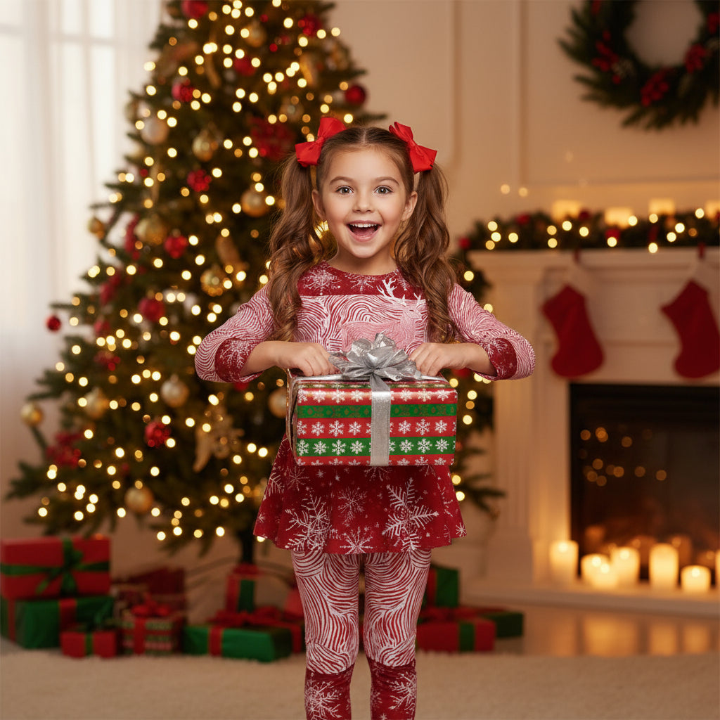Girls' Christmas Skirt Top and Pants Set. Matching Family Christmas Pajamas- Red & White Reindeer. WickedYo.