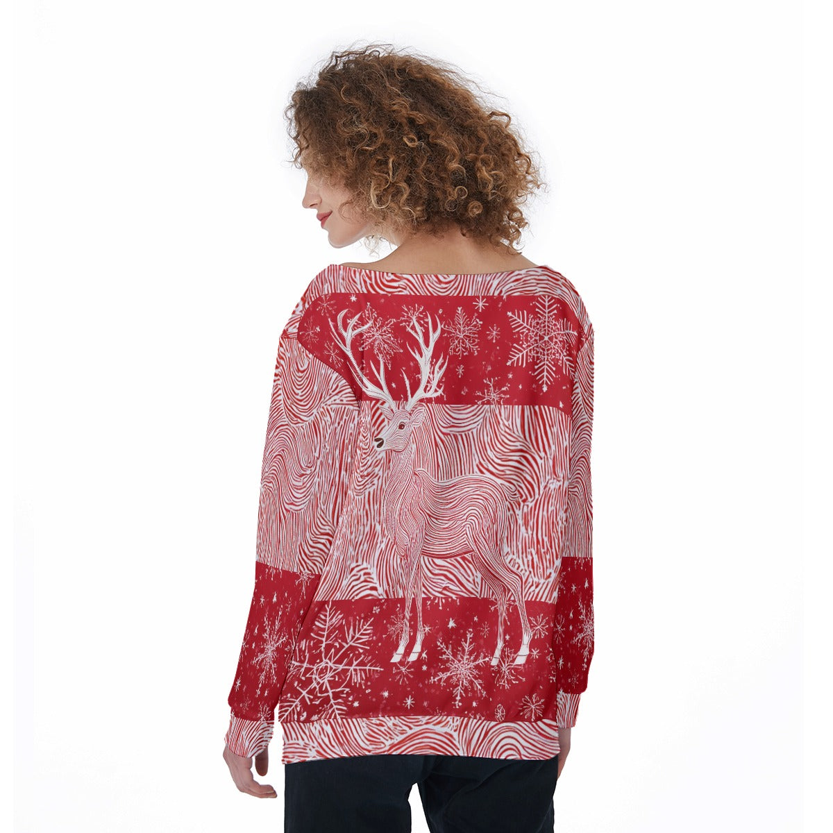 Women's Off-Shoulder Christmas Sweatshirt. Red & White Ripple Reindeer Sweater. WickedYo.