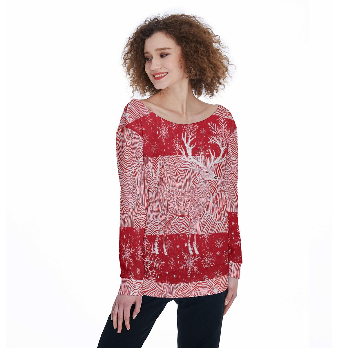 Women's Off-Shoulder Christmas Sweatshirt. Red & White Ripple Reindeer Sweater. WickedYo.