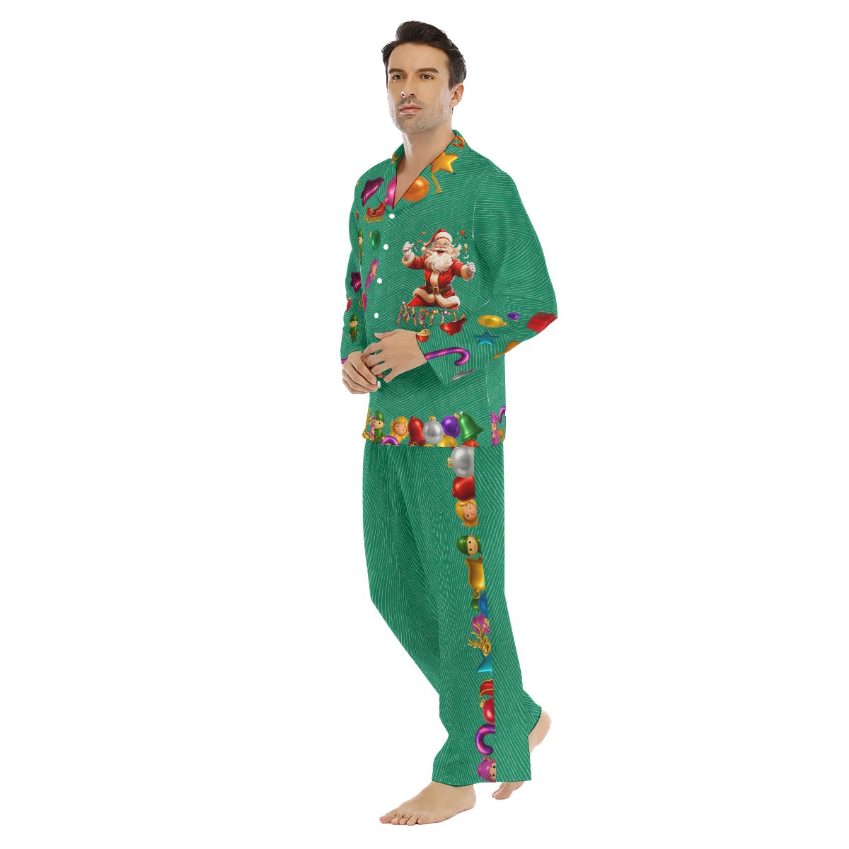 Men's Christmas Pajama Set. Christmas Green & Santa "Merry Christmas" PJs. WickedYo.