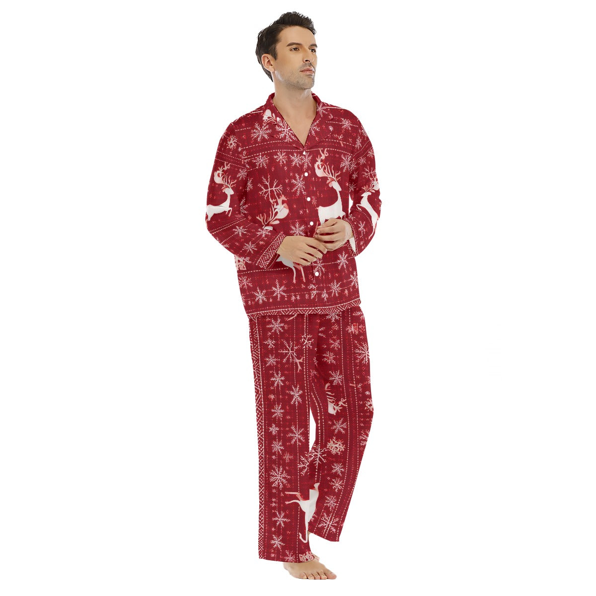 Men's Christmas Pajama Set, Red & White Snowflakes & Reindeer Family Matching Pajamas. WickedYo.