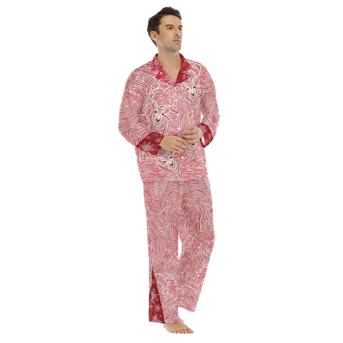 Men's Lapel Christmas Pajama Set. Red & White Reindeer PJs. From WickedYo.