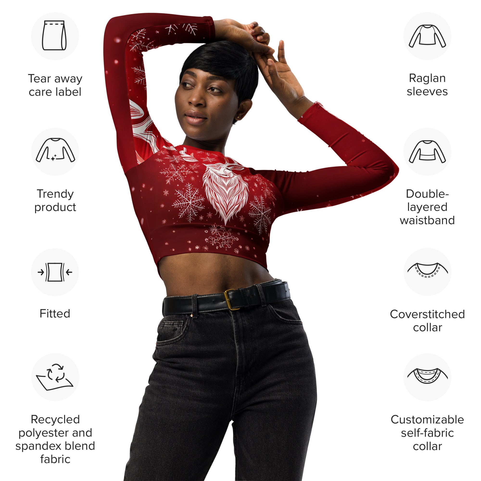 Red & White Christmas Wear Cropped Top. Holiday Colors Cropped Sweater like Partywear or Streetwear.  WickedYo.