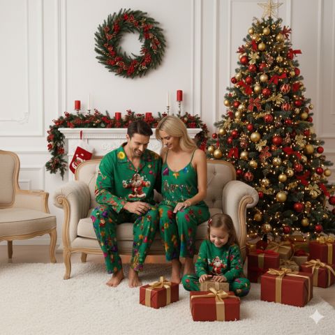 Green "Merry Christmas" Pajamas for Parents & Children. Matching Christmas Sweater, Pajamas options for the Family. From WickedYo.
