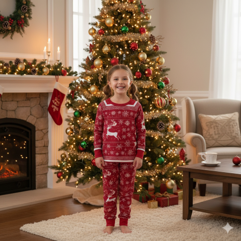 Child in red Christmas pajamas standing in a living room with a decorated tree and fireplace.