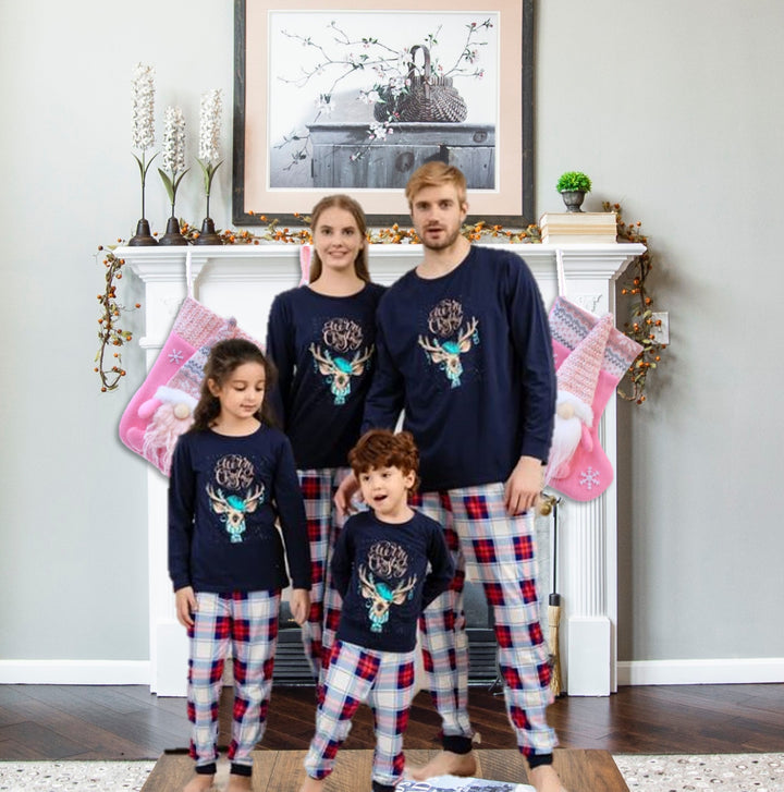 Merry Christmas Family Pajamas- Red, Black Checks, Navy Top. Reindeer Family Christmas PJs. WickedYo
