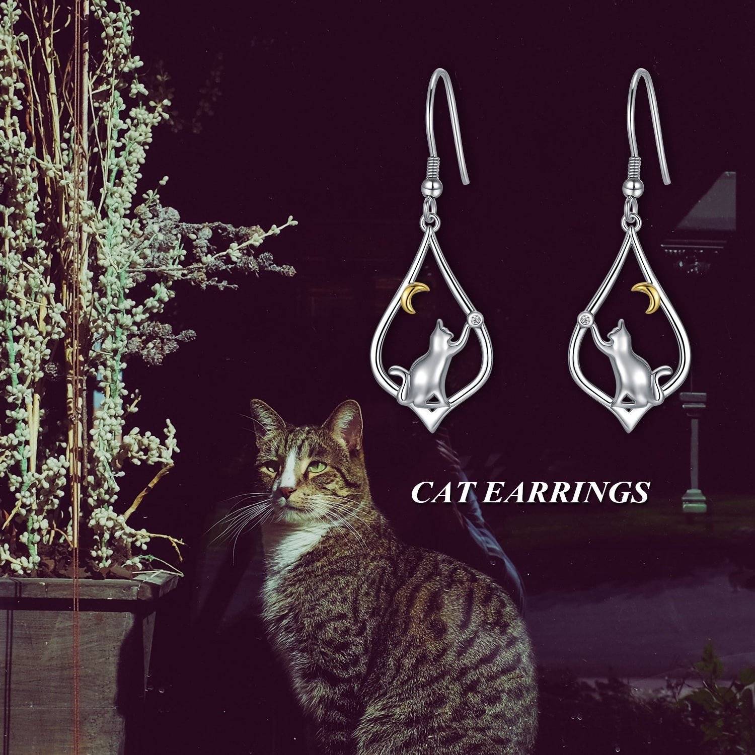 Cute Cat Earrings. Dainty Silver Cat Dangle Drop Earrings. Birthday or Mother's Day Gift. WickedYo.