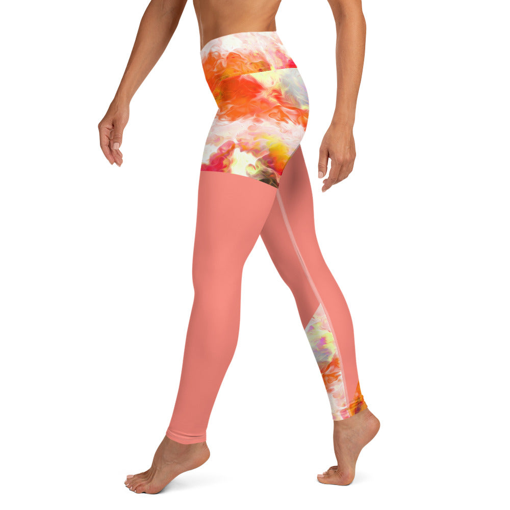 Active Wear Leggings- Tie and Dye Art on Coral and White. Streetwear Leggings. Yoga Pants. WickedYo.