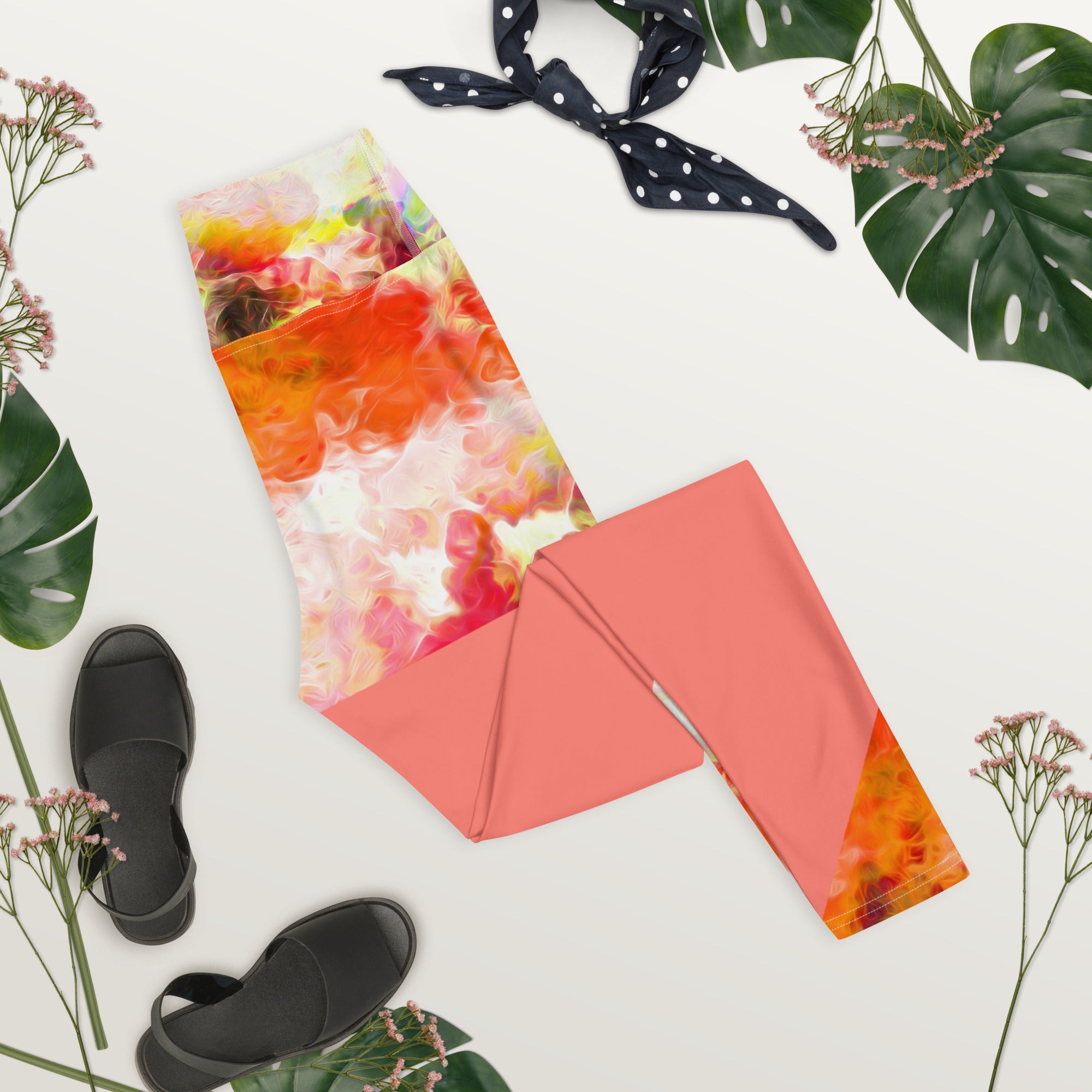 Active Wear Leggings- Tie and Dye Art on Coral and White. Streetwear Leggings. Yoga Pants. WickedYo.
