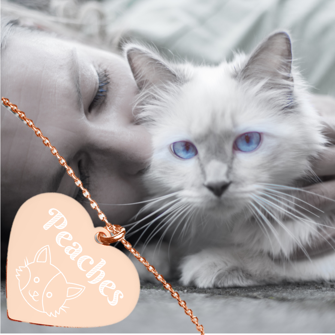 Cat Lover's Heart Chain Silver Necklace. Pet Cat Name Engraved Pendant. WickedYo