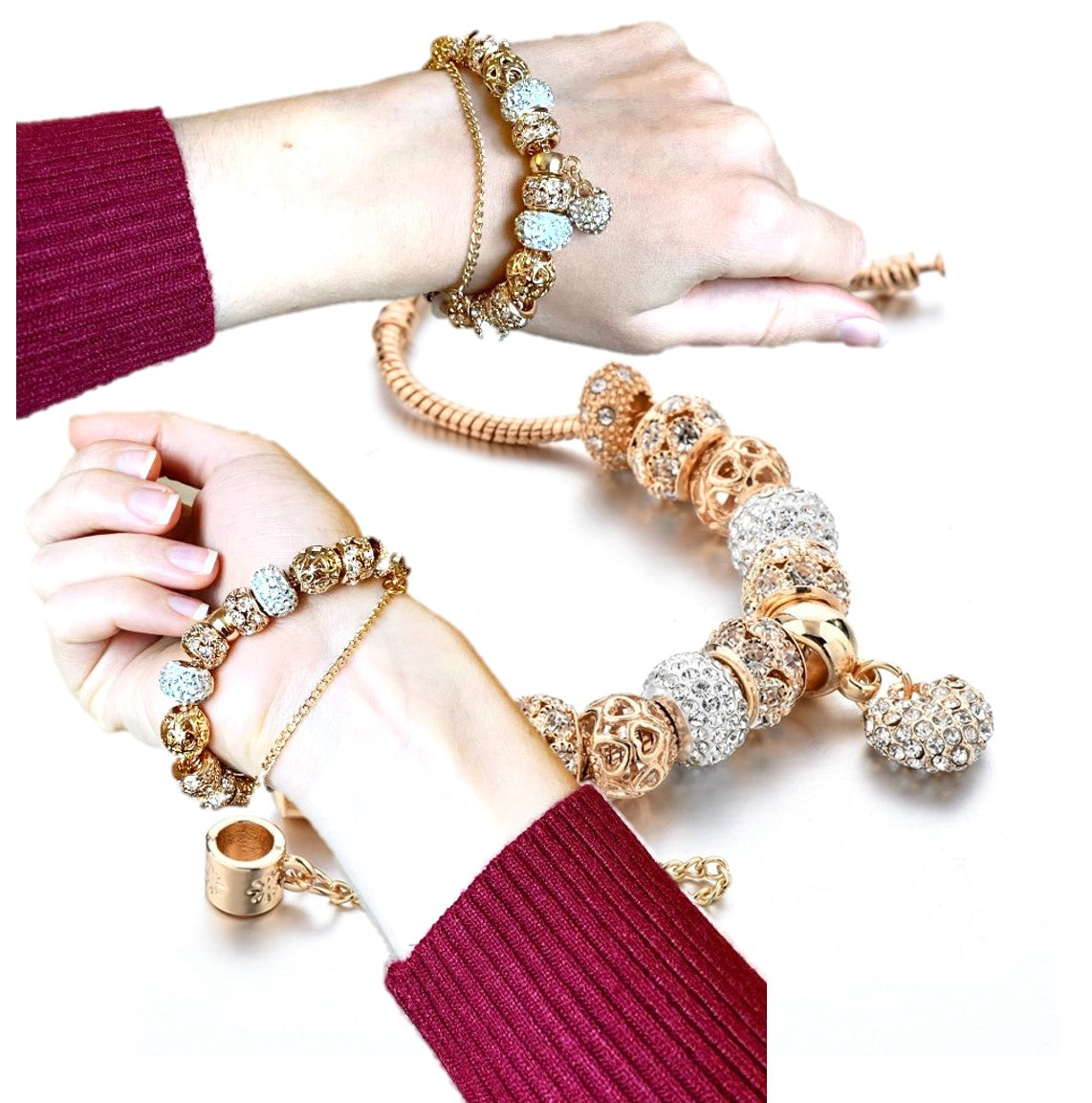 Love Heart Charm Bracelet. BFF Bracelet. Girlfriend Gift Bracelet, Zircon Gold Jewelry. WickedYo