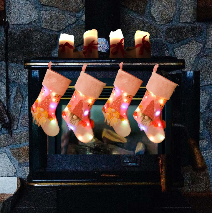 Christmas Stocking-Pink. Gnome Design with LED Light. 18in: 2, 3, 4 Packs. X'mas Decoration. WickedYo.