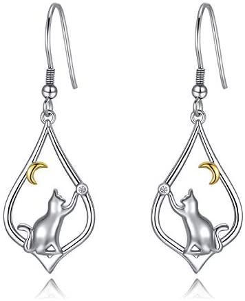 Cute Cat Earrings. Dainty Silver Cat Dangle Drop Earrings. Birthday or Mother's Day Gift. WickedYo.