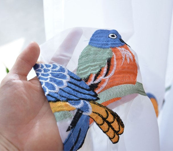 White Sheer Embroidered Curtains. Beige Blackout Cotton Linen Drapes. Chippenham Birds Collection. WickedYo.