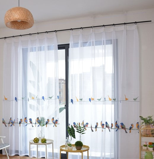 White Sheer Embroidered Curtains. Beige Blackout Cotton Linen Drapes. Chippenham Birds Collection. WickedYo.