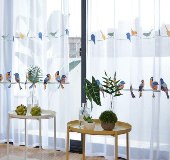 White Sheer Embroidered Curtains. Beige Blackout Cotton Linen Drapes. Chippenham Birds Collection. WickedYo.