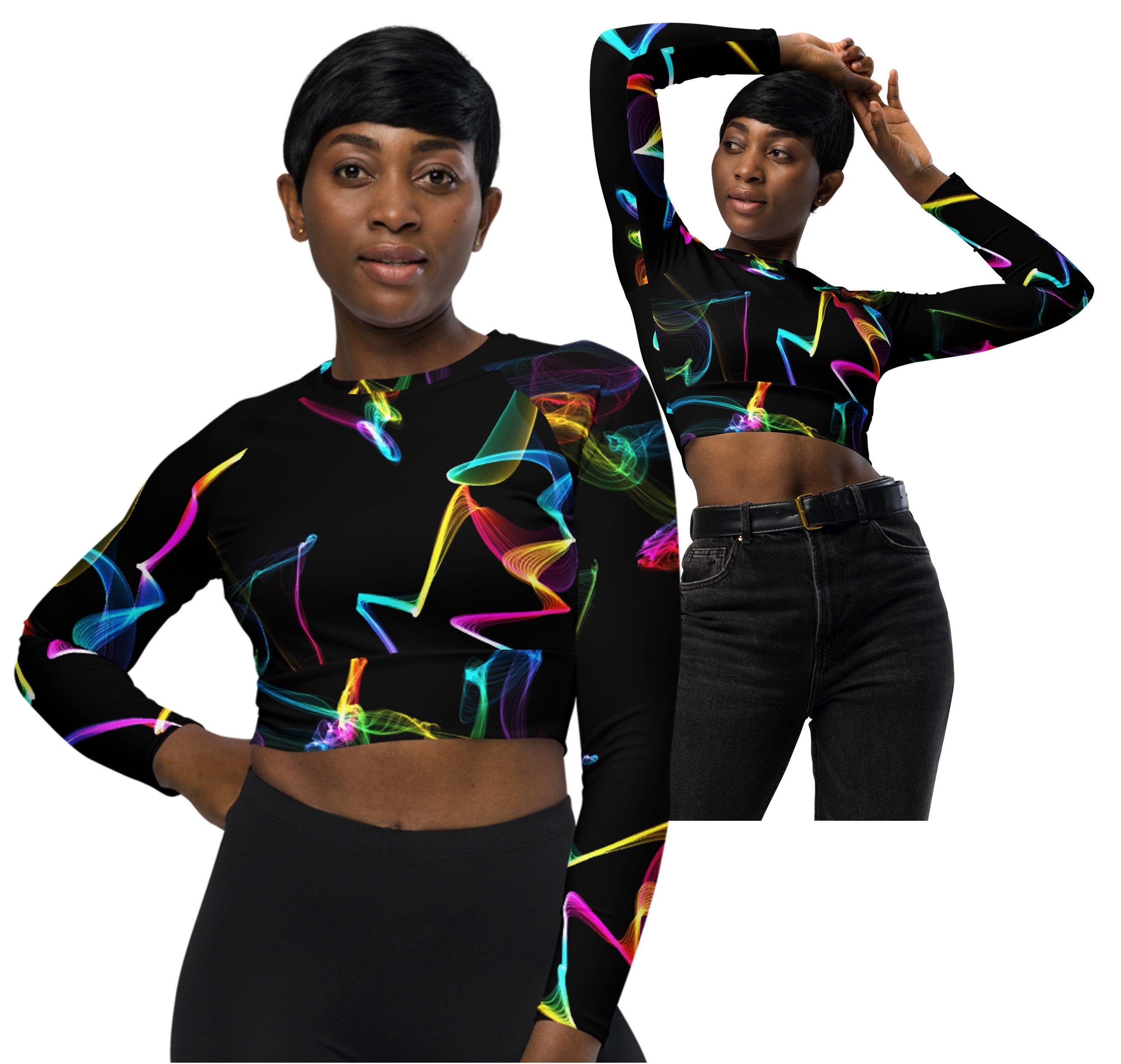long-sleeved-crop-top-recycled-activewear-streetwear-black-multi-color-strobes-wickedyo1