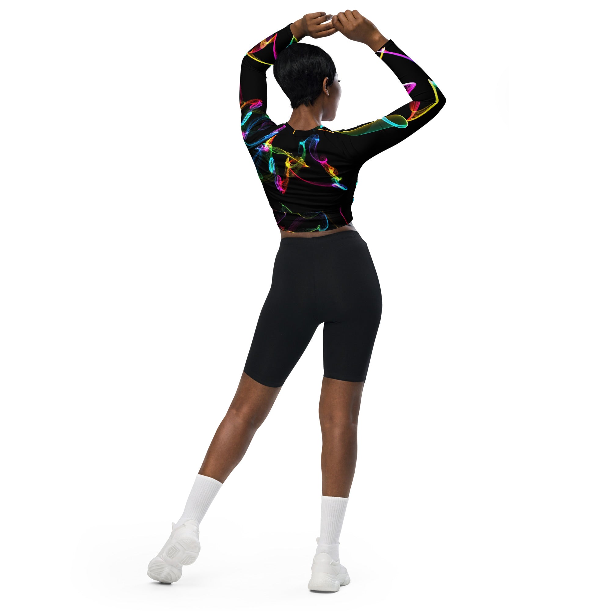 long-sleeved-crop-top-recycled-activewear-streetwear-black-multi-color-strobes-wickedyo2