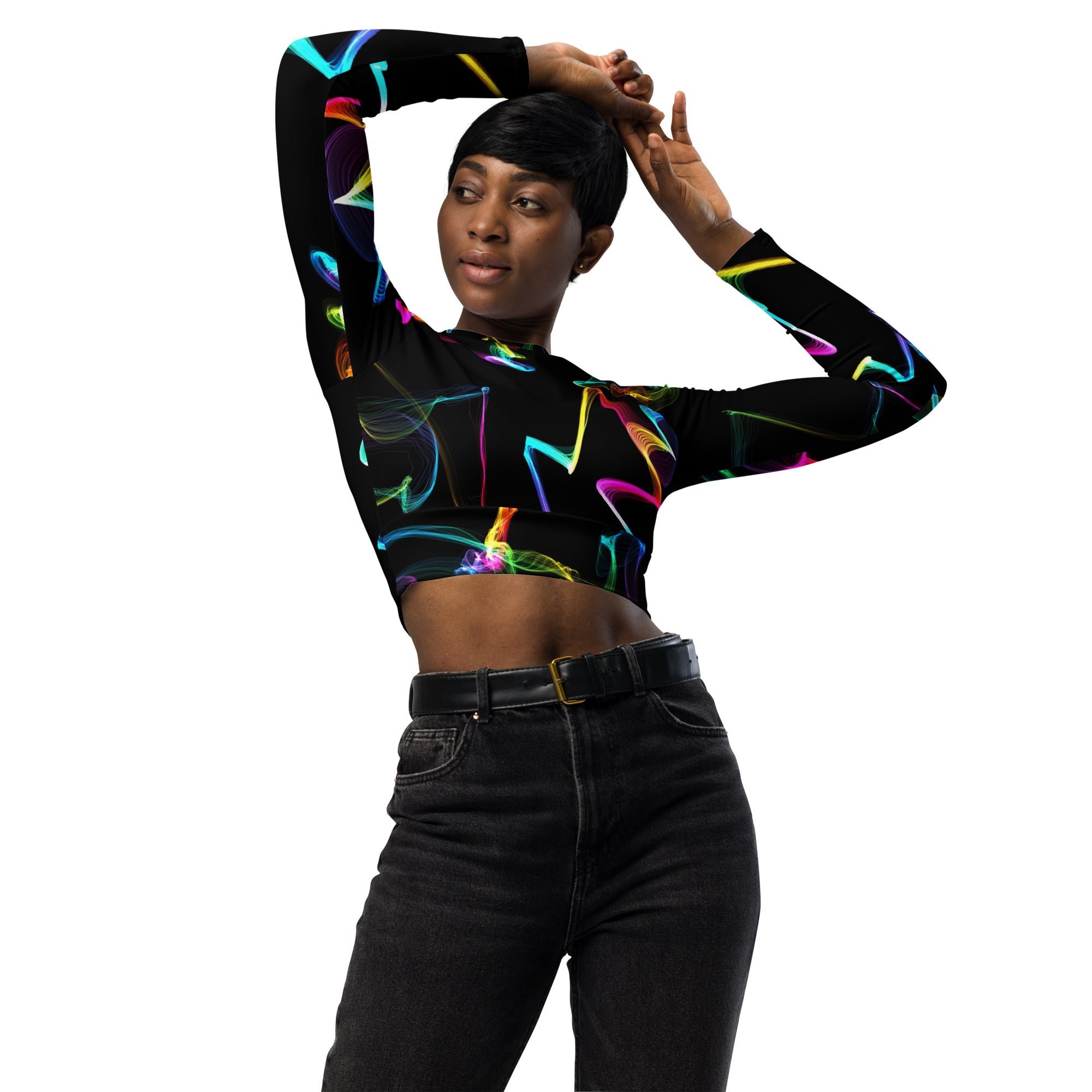 long-sleeved-crop-top-recycled-activewear-streetwear-black-multi-color-strobes-wickedyo5