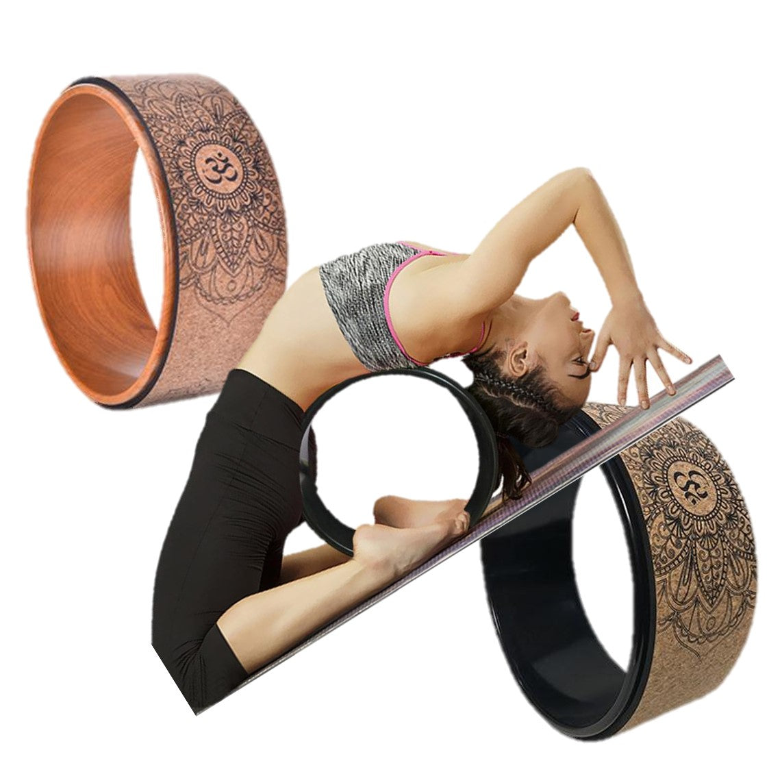 Om or AUM Cork Yoga Wheel. Ideal yoga wheel accessory for beginners. WickedYo.