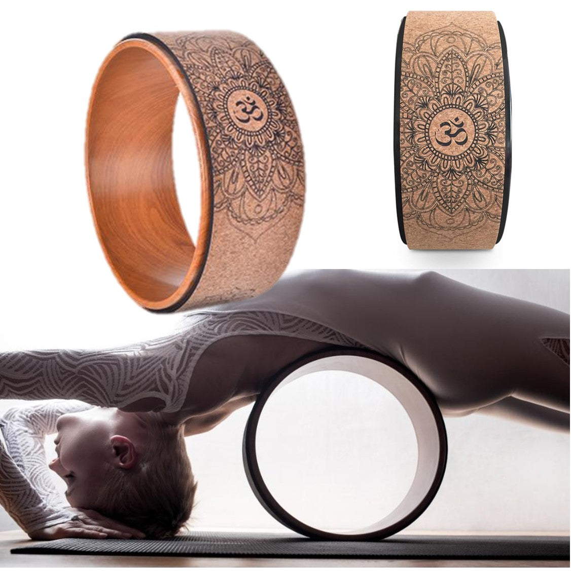 Om or AUM Cork Yoga Wheel. Ideal yoga wheel accessory for beginners. WickedYo.