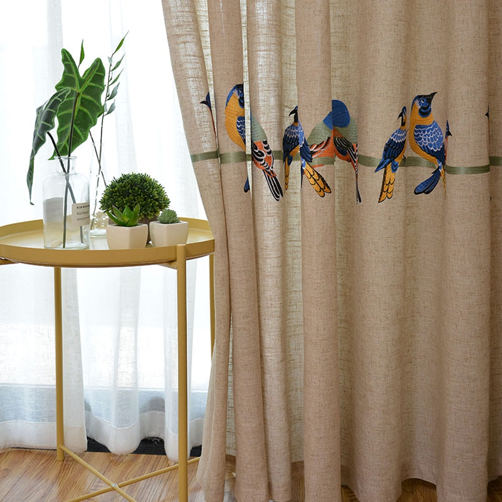 White Sheer Embroidered Curtains. Beige Blackout Cotton Linen Drapes. Chippenham Birds Collection. WickedYo.