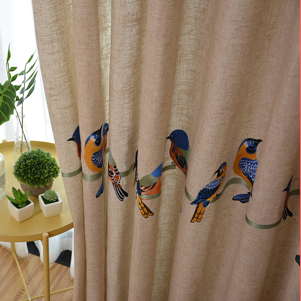 White Sheer Embroidered Curtains. Beige Blackout Cotton Linen Drapes. Chippenham Birds Collection. WickedYo.