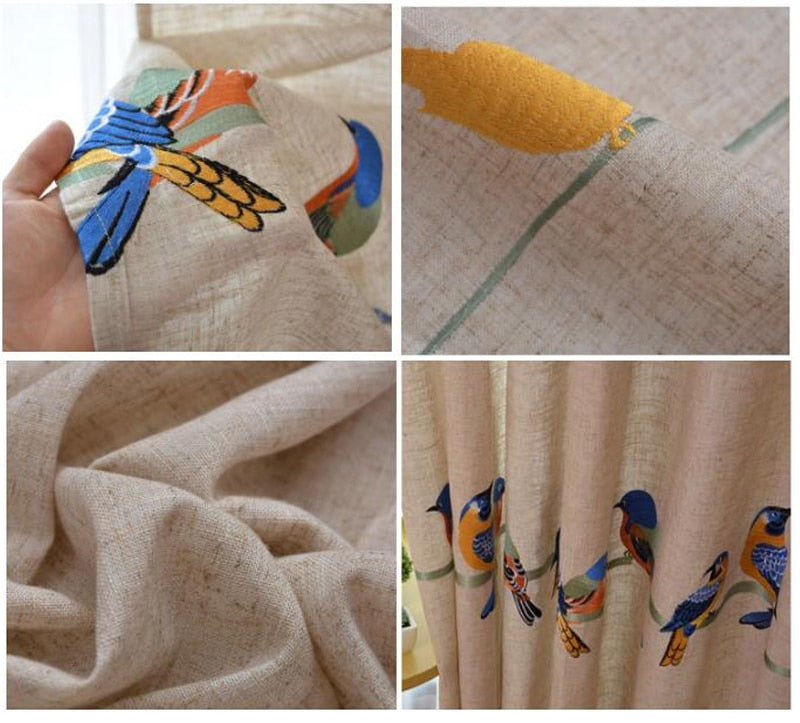 White Sheer Embroidered Curtains. Beige Blackout Cotton Linen Drapes. Chippenham Birds Collection. WickedYo.